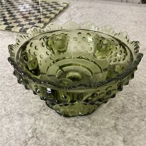 Fenton  hobnail candlestick bowl- olive green